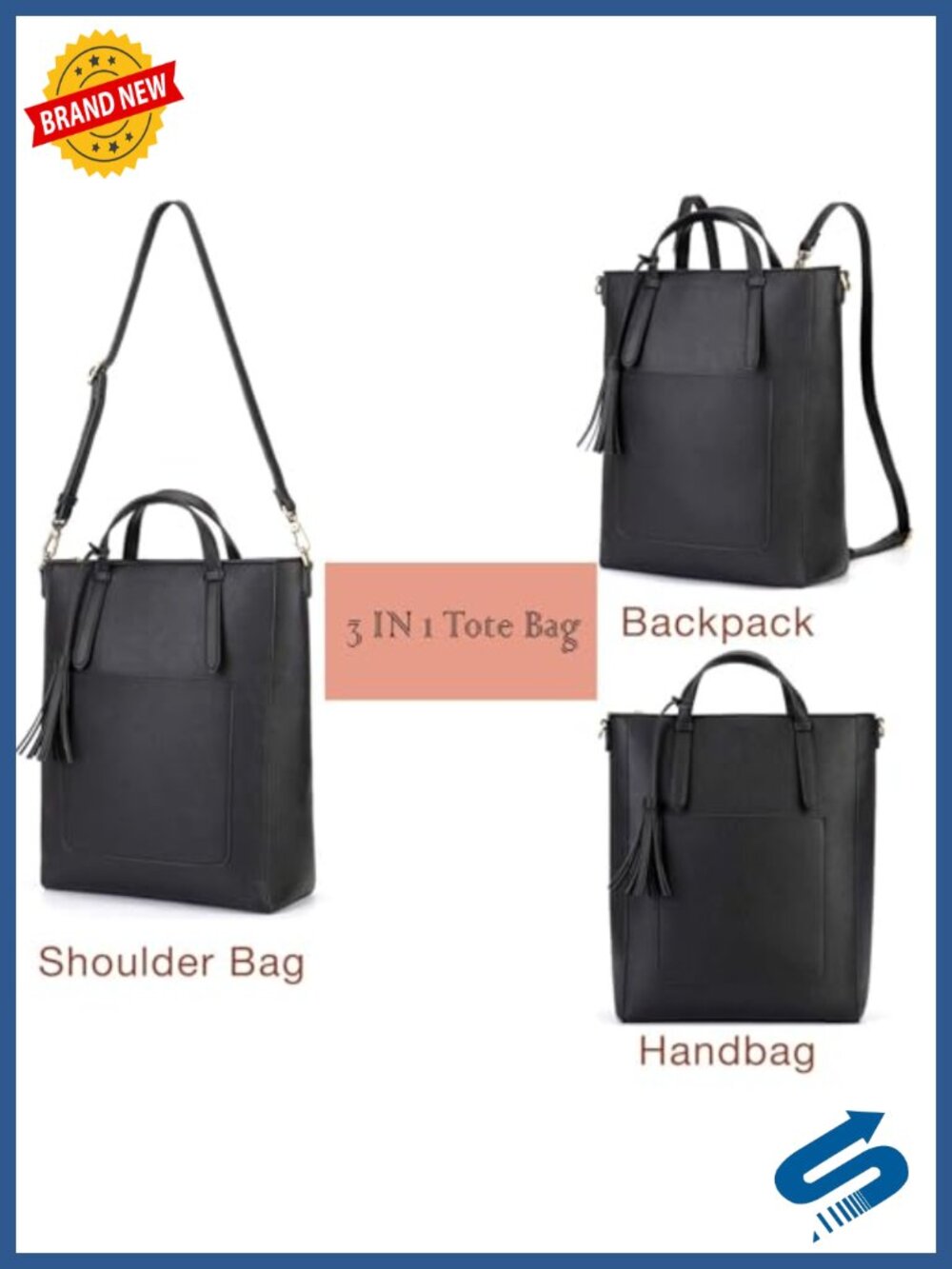 Vegan Leather Convertible Tote Backpack Laptop Bag - Picture 3 of 6